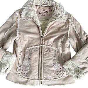 Y2K Penny Lane Girls Jacket 10/12 Beige Faux Fur Lined Sherpa Embroidered Boho